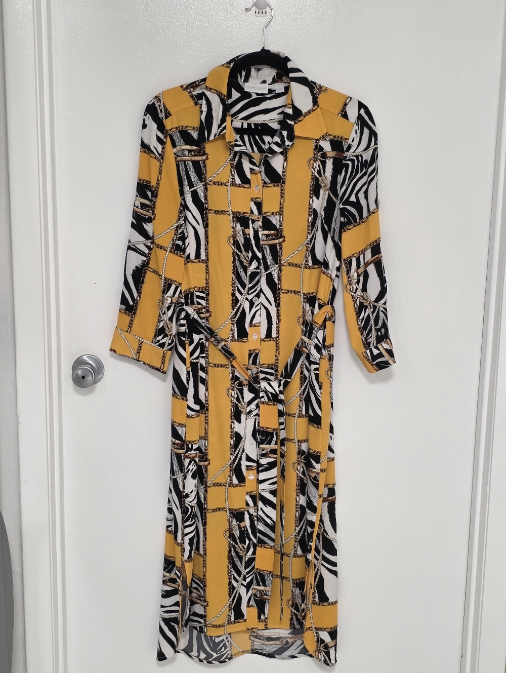 New York & Company Yellow, Black & White Maxi Shirt Dress
